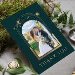 Mystical Green Gold Sun Moon Stars Photo Wedding Thank You Card<br><div class="desc">Mystical Chic Green Gold Sun Moon Stars Celestial Astronomy Space Photo Wedding Thank You Cards features the sun, moon and stars with a gold frame surrounding your favourite picture on a green background. On the reverse add your custom thank you message and an additional image. Personalise by editing the text...</div>