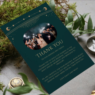 Mystical Green Gold Sun Moon Stars Photo Wedding Thank You Card