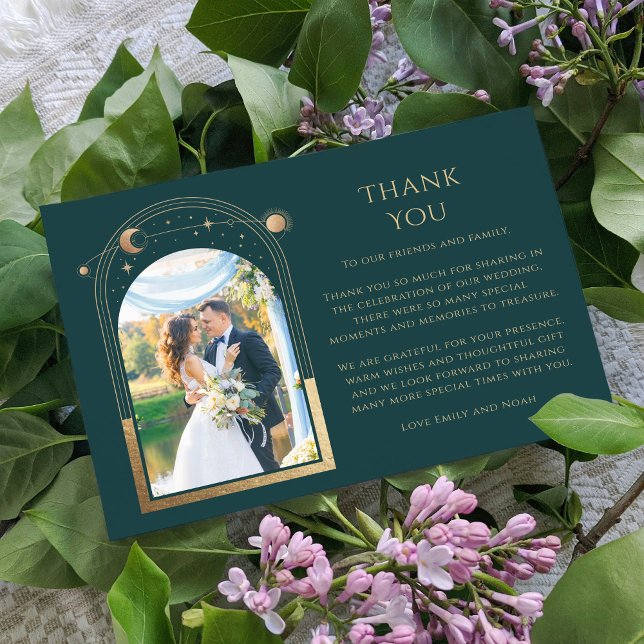 Mystical Green Gold Sun Moon Stars Photo Wedding Thank You Card (Creator Uploaded)