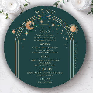 Mystical Green Gold Sun Moon Stars Space Wedding Menu