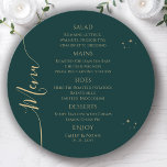 Mystical Green Gold Sun Moon Stars Space Wedding Menu<br><div class="desc">Mystical Green Gold Sun Moon Stars Space Wedding Menu Cards features simple gold stars on a green background with your menu details in the centre in modern gold calligraphy script. Personalise by editing the text in the text boxes provided. Designed by Evco Studio www.zazzle.com/store/evcostudio</div>