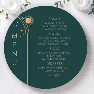 Mystical Green Gold Sun Moon Stars Space Wedding Menu