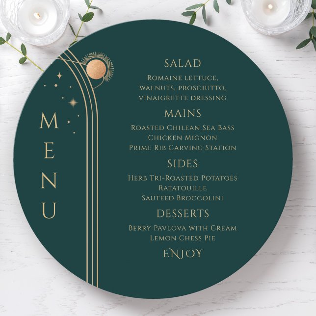 Mystical Green Gold Sun Moon Stars Space Wedding Menu (Creator Uploaded)