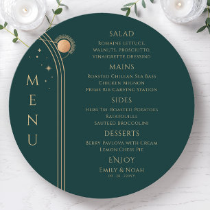 Mystical Green Gold Sun Moon Stars Space Wedding Menu