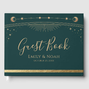 Mystical Green Gold Sun Moon Stars Wedding Guest Book