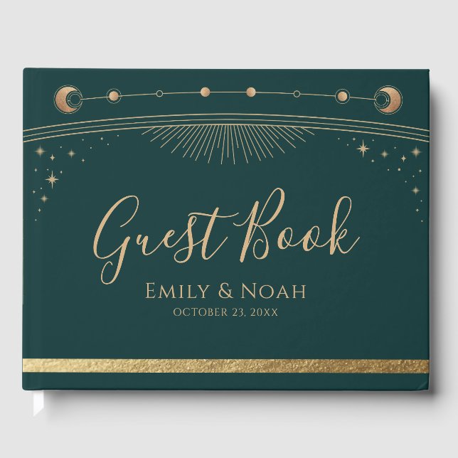 Mystical Green Gold Sun Moon Stars Wedding  Guest Book (Front)