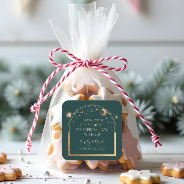 Mystical Green Gold Sun Moon Stars Wedding Square Sticker (Creator Uploaded)