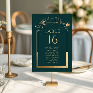 Mystical Green Gold Sun Moon Stars Wedding Table Number