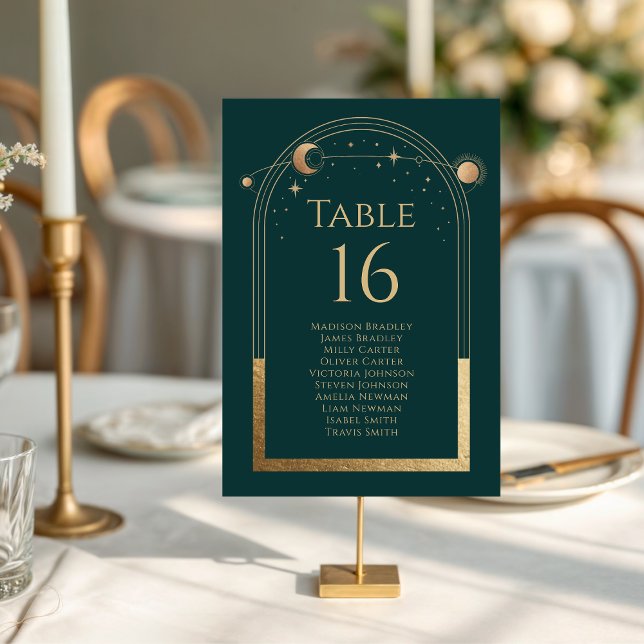 Mystical Green Gold Sun Moon Stars Wedding Table Number (Creator Uploaded)