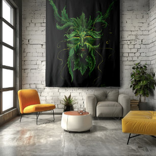 Mystical Greenman Forest Spirit Leaf Face Fantasy Tapestry