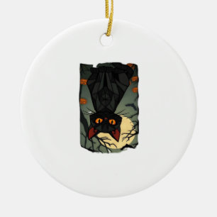 Mystical Halloween Black Cat Art - Spooky Feline w Ceramic Tree Decoration