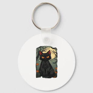 Mystical Halloween Black Cat Art - Spooky Feline w Key Ring