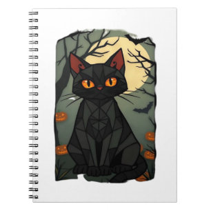 Mystical Halloween Black Cat Art - Spooky Feline w Notebook