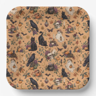 Mystical Halloween Night with Black Cats and Raven Paper Plate