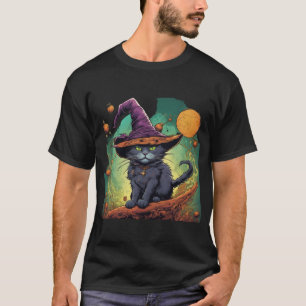 Mystical Halloween Witch Cat T-Shirt
