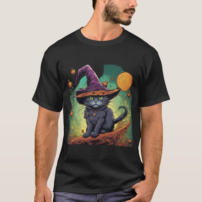 Mystical Halloween Witch Cat  T-Shirt (Front)