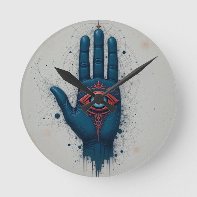 Mystical Hand Illustration with Red Eye Round Clock (Front)