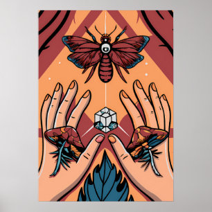 Mystical Hands Offering Fungi to Moth Spirit Poster