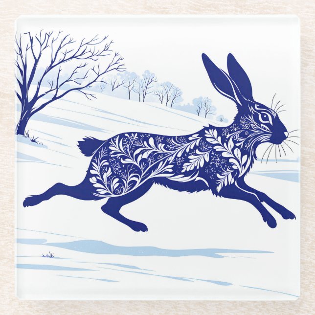 Mystical Hare : Whimsical Hare In The Snow Glass Coaster (Front)