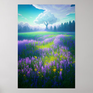 Mystical Hillside, Enchanting White Tree Poster