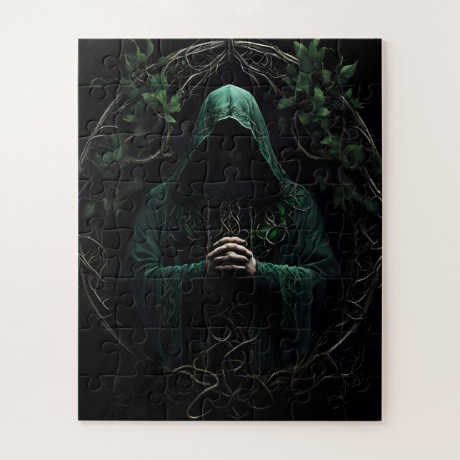 Mystical Hooded Figure in Green Praying Jigsaw Puzzle (Vertical)