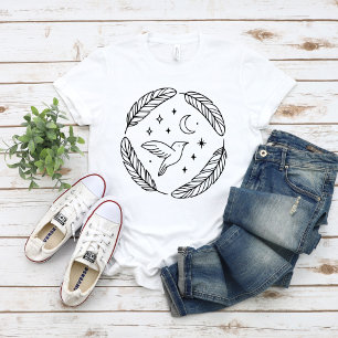 Mystical Hummingbird Line Art in Celestial Circle T-Shirt