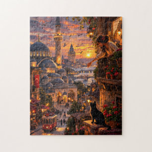 Mystical Istanbul Sunset Black Cat Balcony View Jigsaw Puzzle