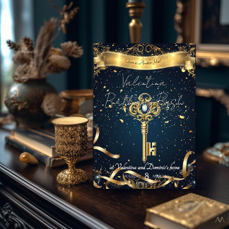 Mystical Key Birthday | Elegant Gold & Navy Invitation