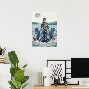Mystical Lake Guardian Art Print - Folk Art Woman 