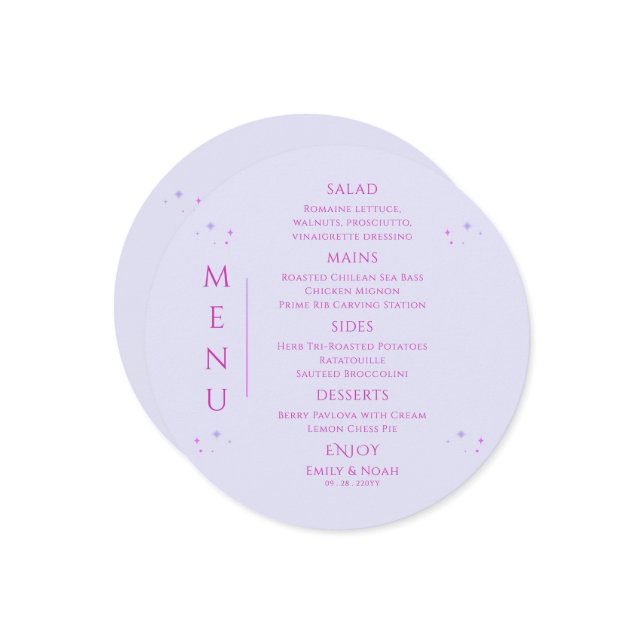 Mystical Lavender Pink Sun Moon Space Wedding Menu (Front/Back In Situ)