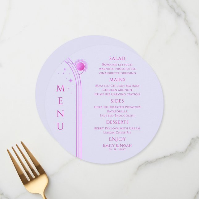 Mystical Lavender Pink Sun Moon Space Wedding Menu (Front/Back In Situ)
