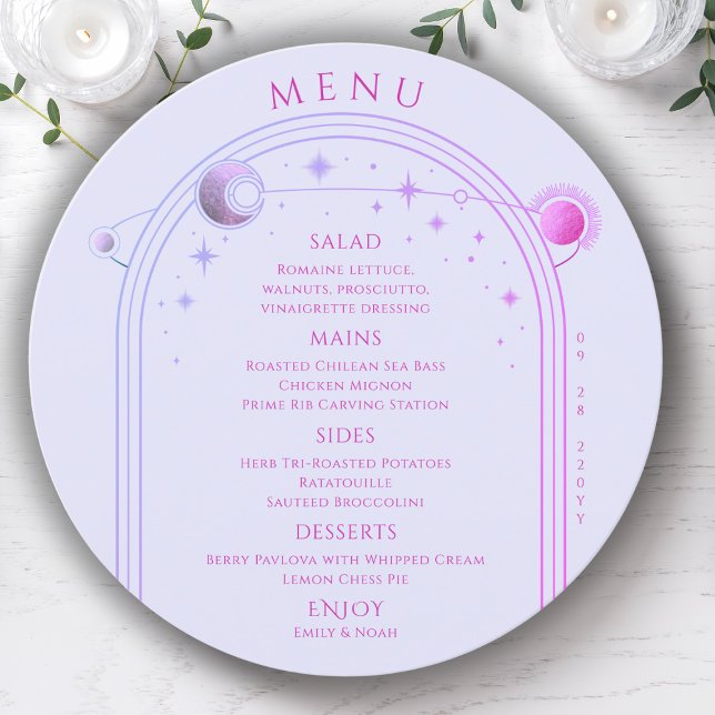 Mystical Lavender Pink Sun Moon Space Wedding Menu (Creator Uploaded)