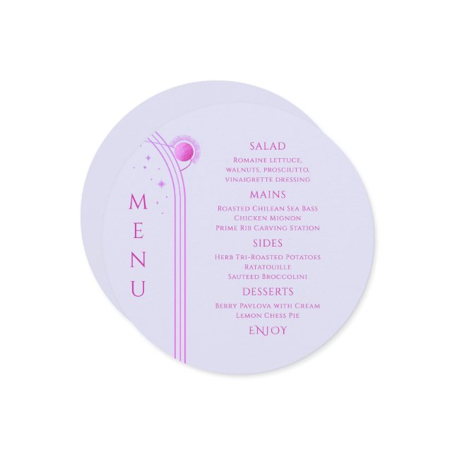 Mystical Lavender Pink Sun Moon Space Wedding Menu (Front/Back In Situ)