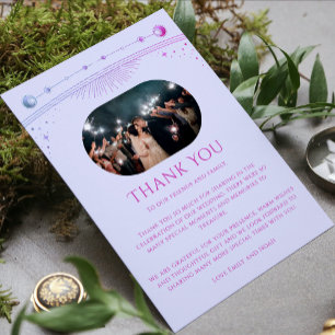 Mystical Lavender Pink Sun Moon Star Photo Wedding Thank You Card