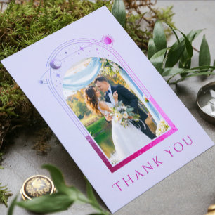 Mystical Lavender Pink Sun Moon Star Photo Wedding Thank You Card