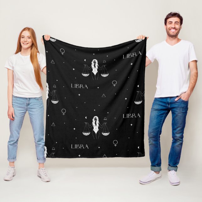 Mystical Libra Zodiac Pattern in Black and White Fleece Blanket (In Situ)