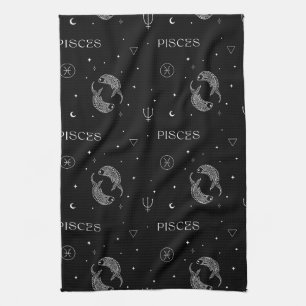 Mystical Libra Zodiac Pattern in Black and White Tea Towel