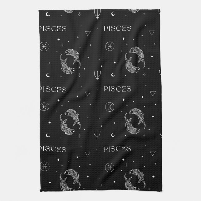 Mystical Libra Zodiac Pattern in Black and White Tea Towel (Vertical)