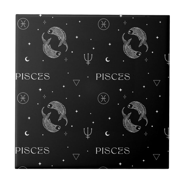 Mystical Libra Zodiac Pattern in Black and White Tile (Front)