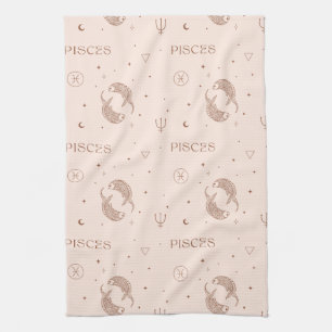Mystical Libra Zodiac Pattern in Brown & Burgundy Tea Towel