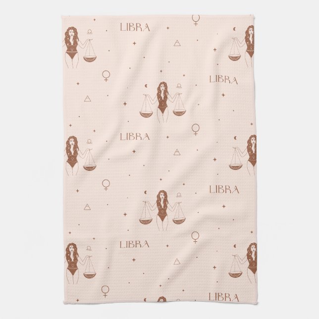 Mystical Libra Zodiac Pattern in Pink and Brown Tea Towel (Vertical)