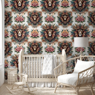 Mystical Lion & Floral Radiance Wallpaper