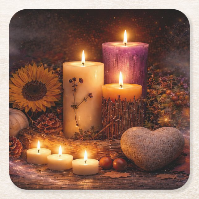 Mystical Magical Candles Heart Rock Square Paper Coaster (Front)