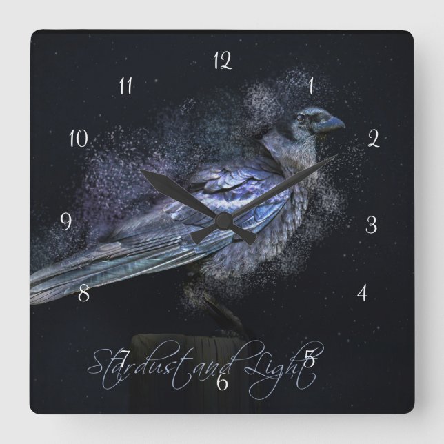 Mystical Magical Raven Stardust and Light Fantasy Square Wall Clock (Front)