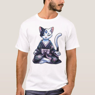Mystical Meditating Cat in Floral Kimono T-Shirt