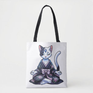 Mystical Meditating Cat in Floral Kimono Tote Bag