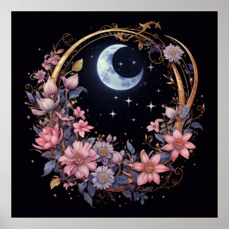 Mystical Moon and Flowers Poster