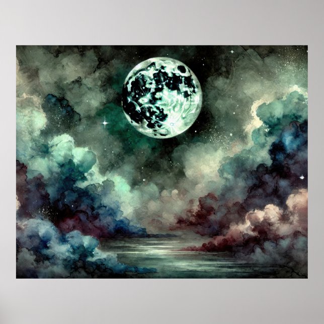 Mystical Moon Cosmic Clouds in Dreamlike Night Sky Poster (Front)