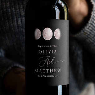 Mystical moon. Elegant delicate black wedding Wine Label