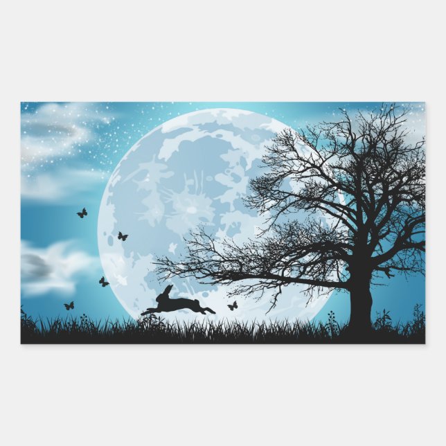 Mystical Moon with Rabbit Silhouette Rectangular Sticker (Front)